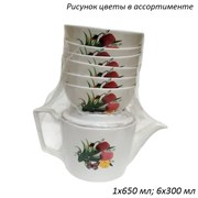 Набор 7 предметов Цветы микс (чайник 650 мл+6 пиал 00016579